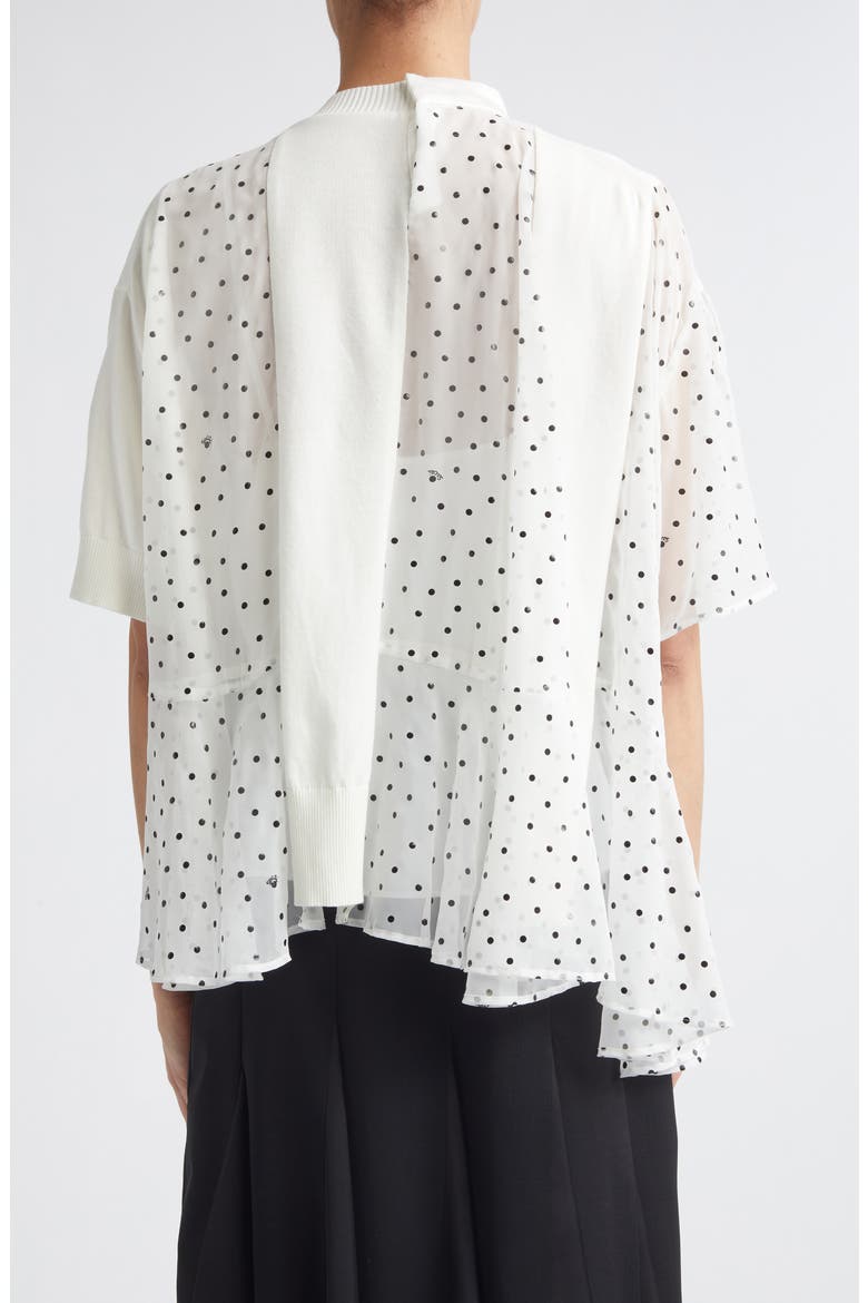 Pleated Polka Dot Mixed Media Top, Alternate, color, WHITE