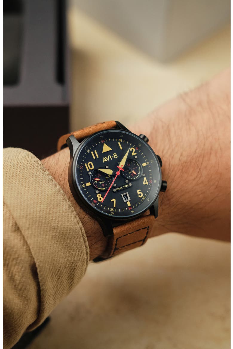 Hawker Hurricane Carey Chronograph Leather Strap Watch, 44mm, Alternate, color, BLACK