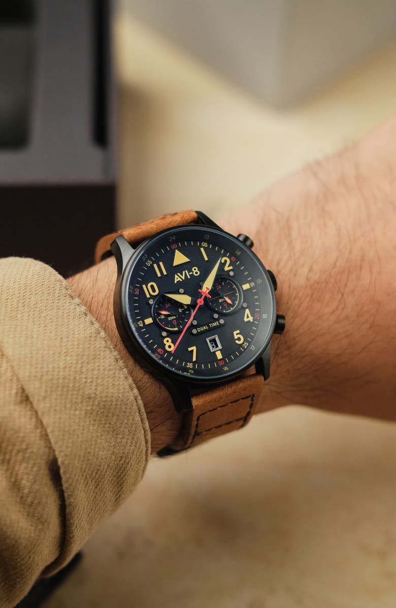 AVI-8 Hawker Hurricane Carey Chronograph Leather Strap Watch, 44mm, Alternate, color, Black