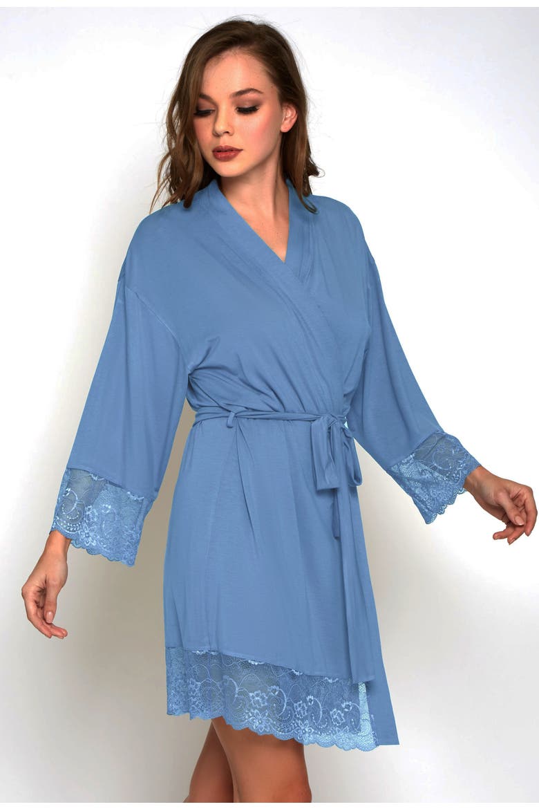 Lace Trim Viscose Wrap Robe, Alternate, color, Blue