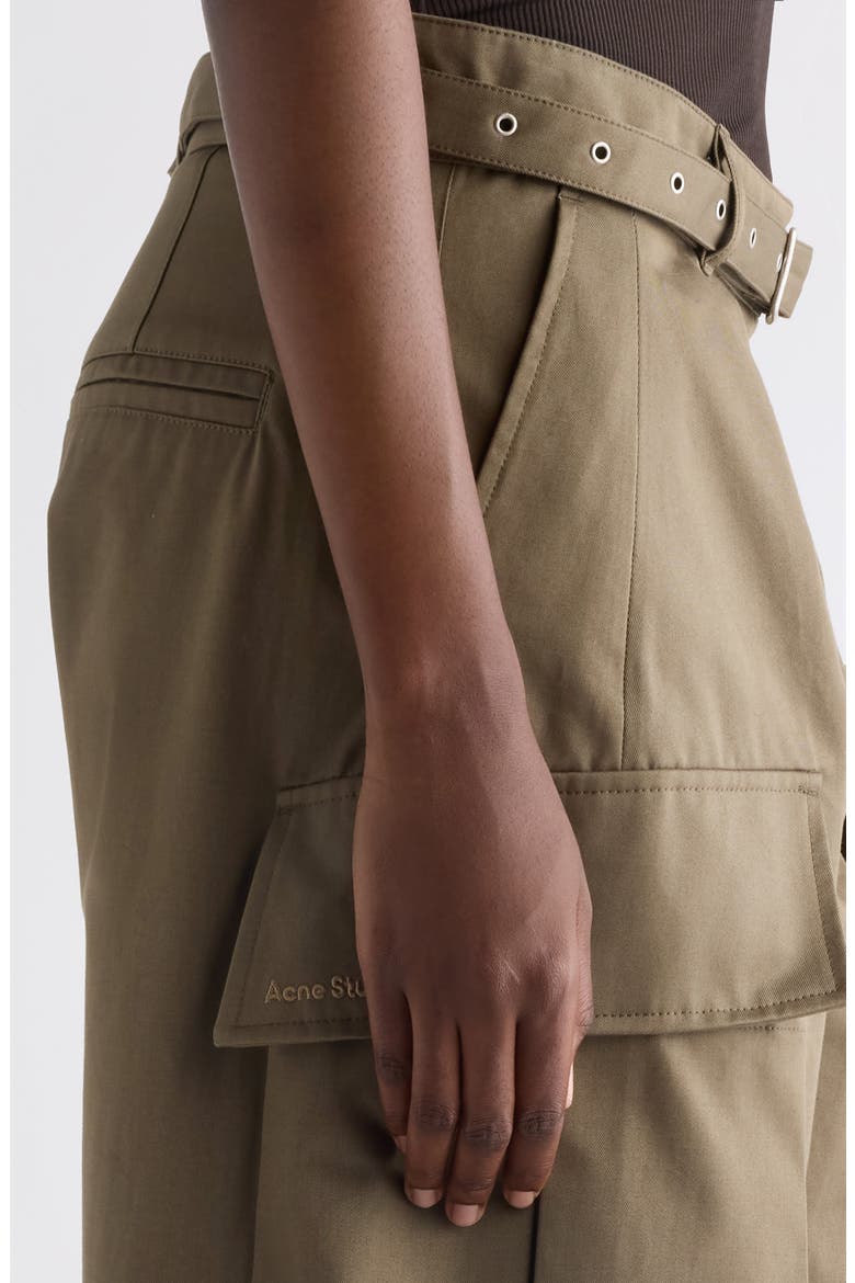 Belted Cotton Twill Barrel Leg Cargo Trousers, Alternate, color, KHAKI GREEN