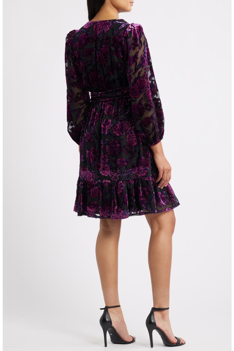 Ruffle Floral Burnout Long Sleeve Fit & Flare Cocktail Dress, Alternate, color, BLACK WILD BERRY