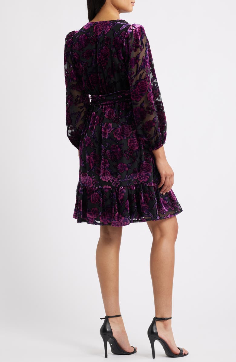 Eliza J Ruffle Floral Burnout Long Sleeve Fit & Flare Cocktail Dress, Alternate, color, Black Wild Berry