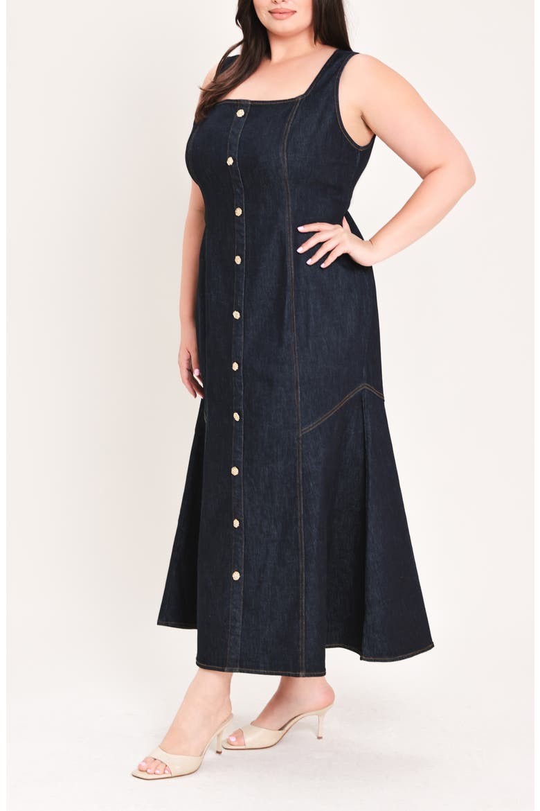 Square Neck Button Front Midi Dress, Alternate, color, DARK INDIGO