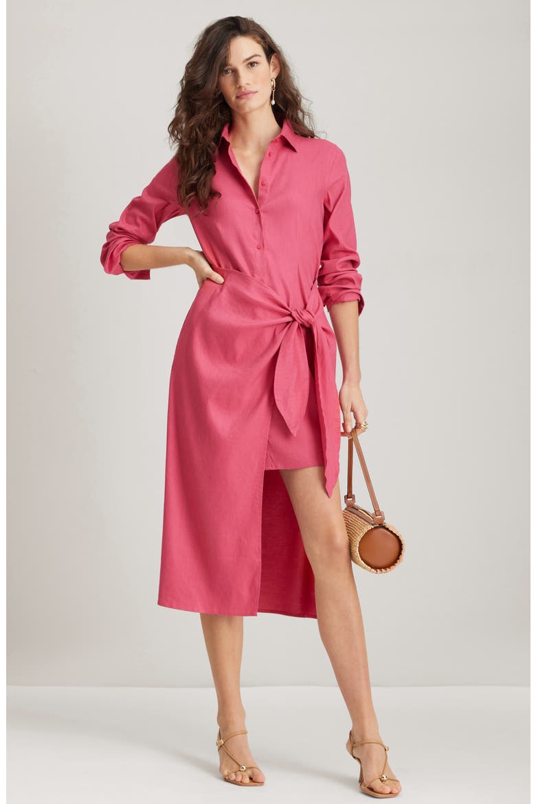 Long Sleeve Stretch Linen Blend Faux Wrap Shirtdress, Main, color, PINK CARMINE