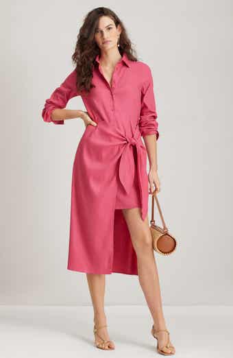 Long Sleeve Stretch Linen Blend Faux Wrap Shirtdress
