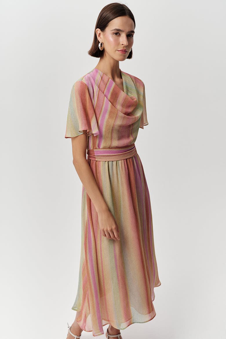 Sahra Cowl Neck Short Sleeve Striped Midi Dress, Alternate, color, Multi Color