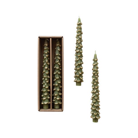 Golden-Tipped Elegance Tree Shaped Taper Candles, Evergreen, Set of 2