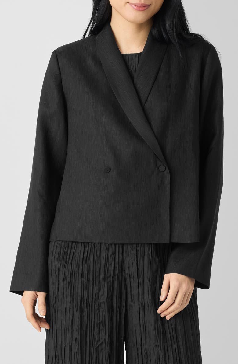 Eileen Fisher Shawl Collar Textured Silk Weave Double Breasted Jacket, Main, color, Black