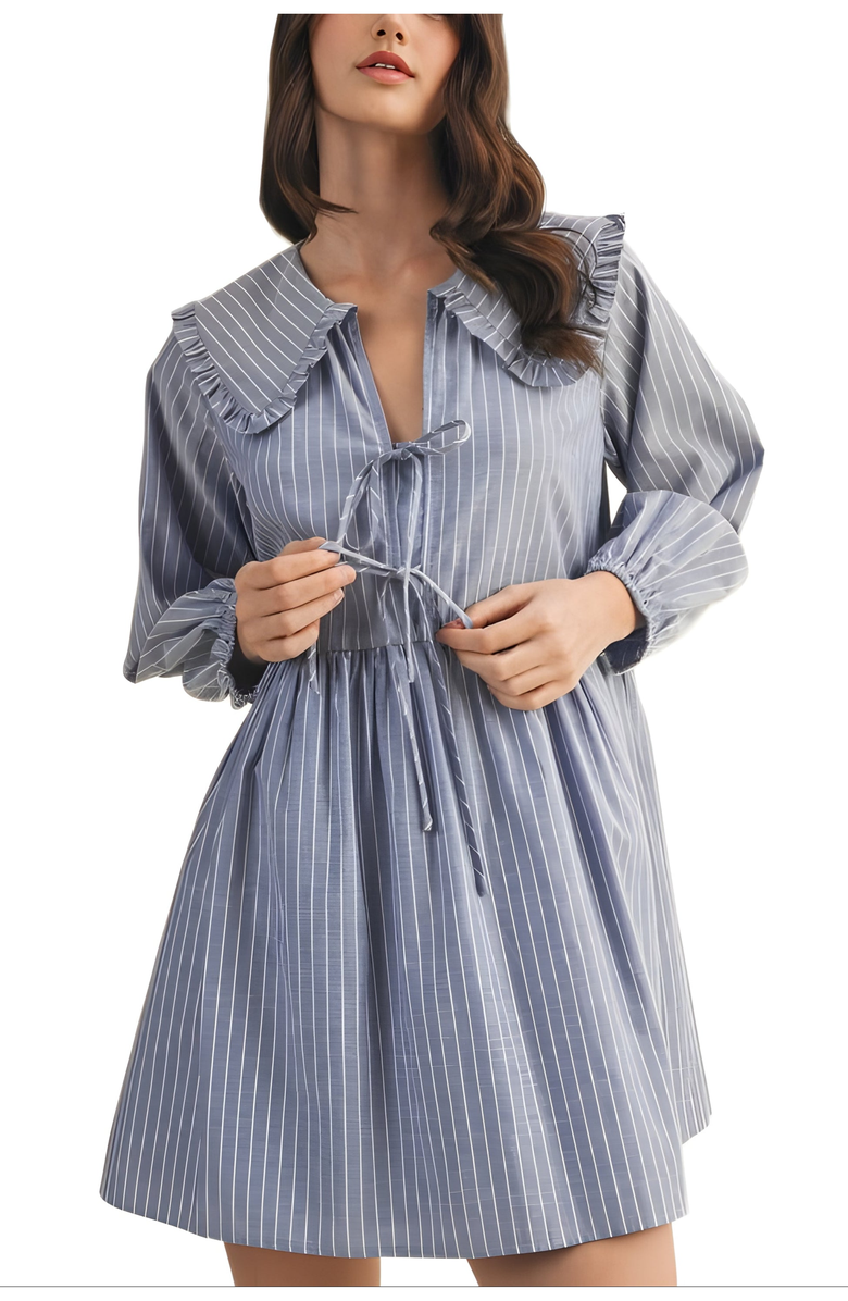 Knit and Lounge Striped Mini Dress with Ruffle Collar and Front Tie Detail, Main, color, 