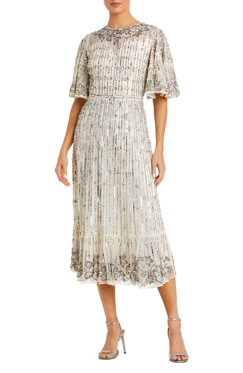 Mac Duggal Embellished Flounce Sleeve Midi Dress, Main, color, Nude Silver