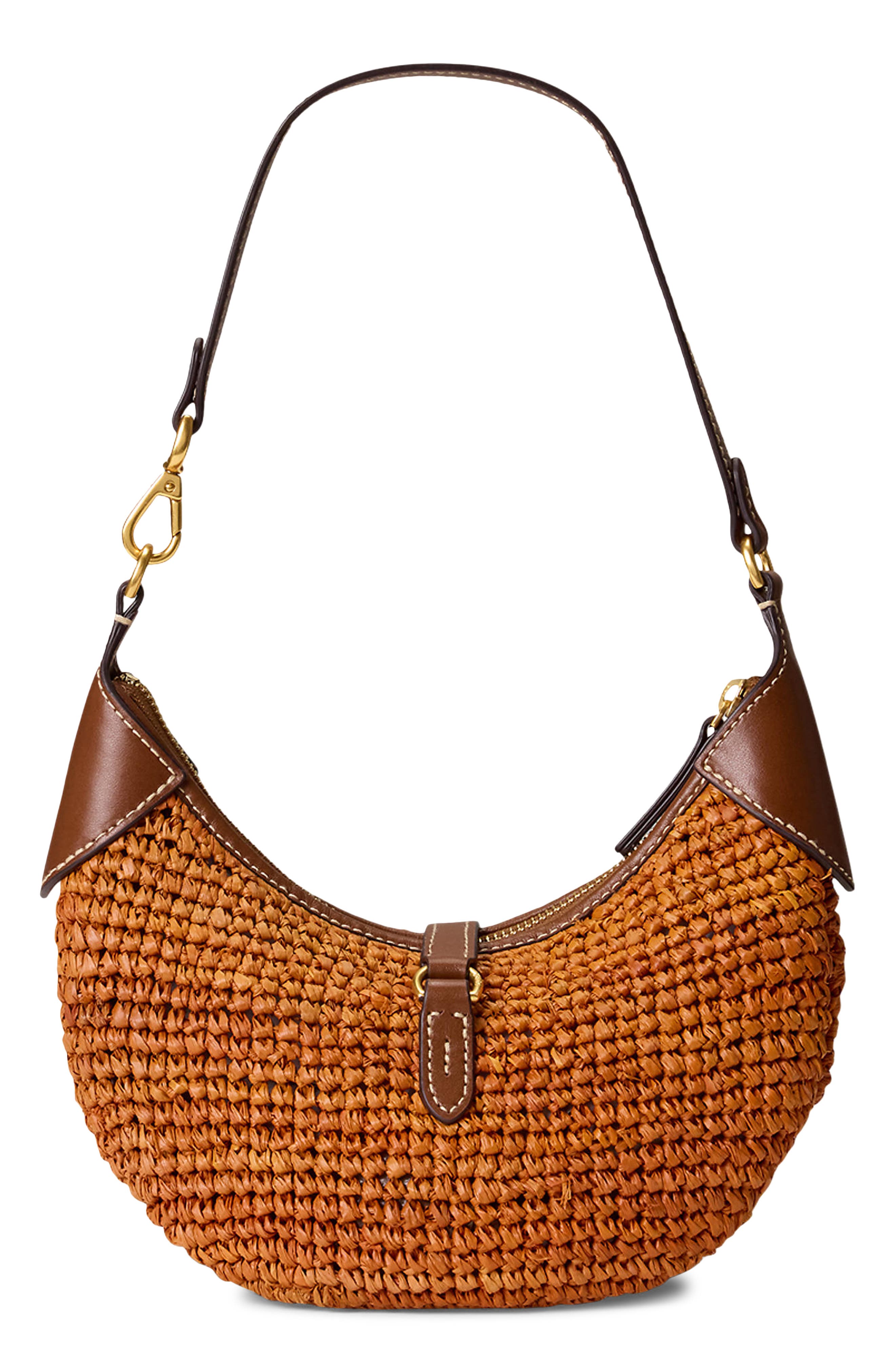 Polo Ralph Lauren Small Polo ID Raffia Shoulder Bag, Alternate, color, Sequoia/ Cuoio