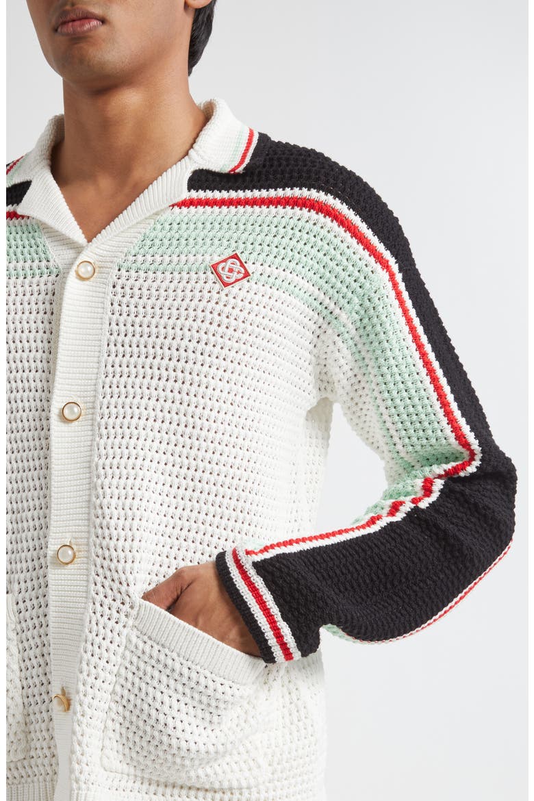 Camp Collar Long Sleeve Cotton Crochet Cardigan, Alternate, color, WHITE/ BLACK MULTI