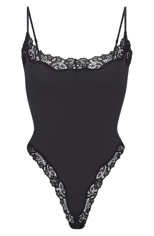 Skims Fits Everybody Lace-trimmed Stretch-jersey Thong Bodysuit In Black