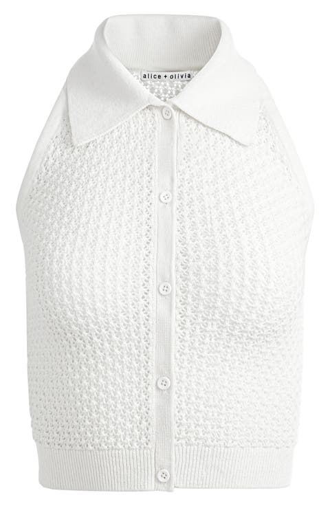 Sleeveless Collared Cotton & Wool Button-Up Sweater