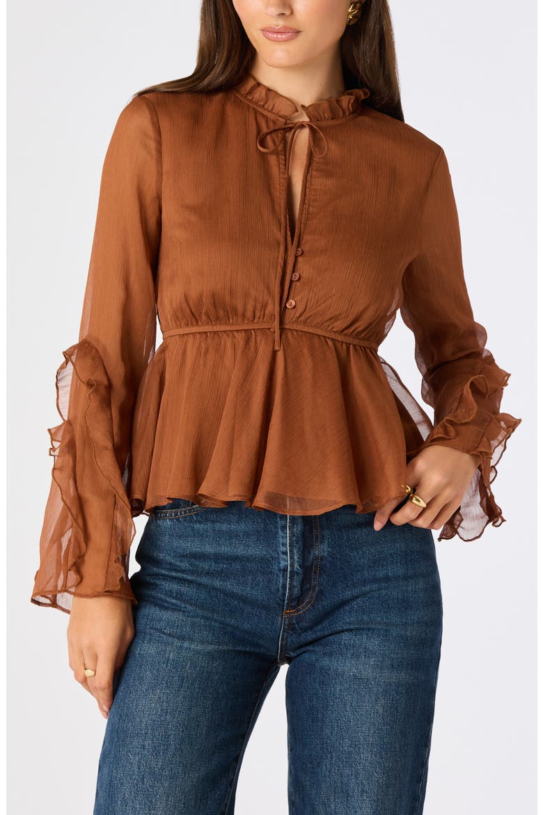 Tereasa Ruffle Tie Neck Peplum Top, Main, color, LIGHT BROWN