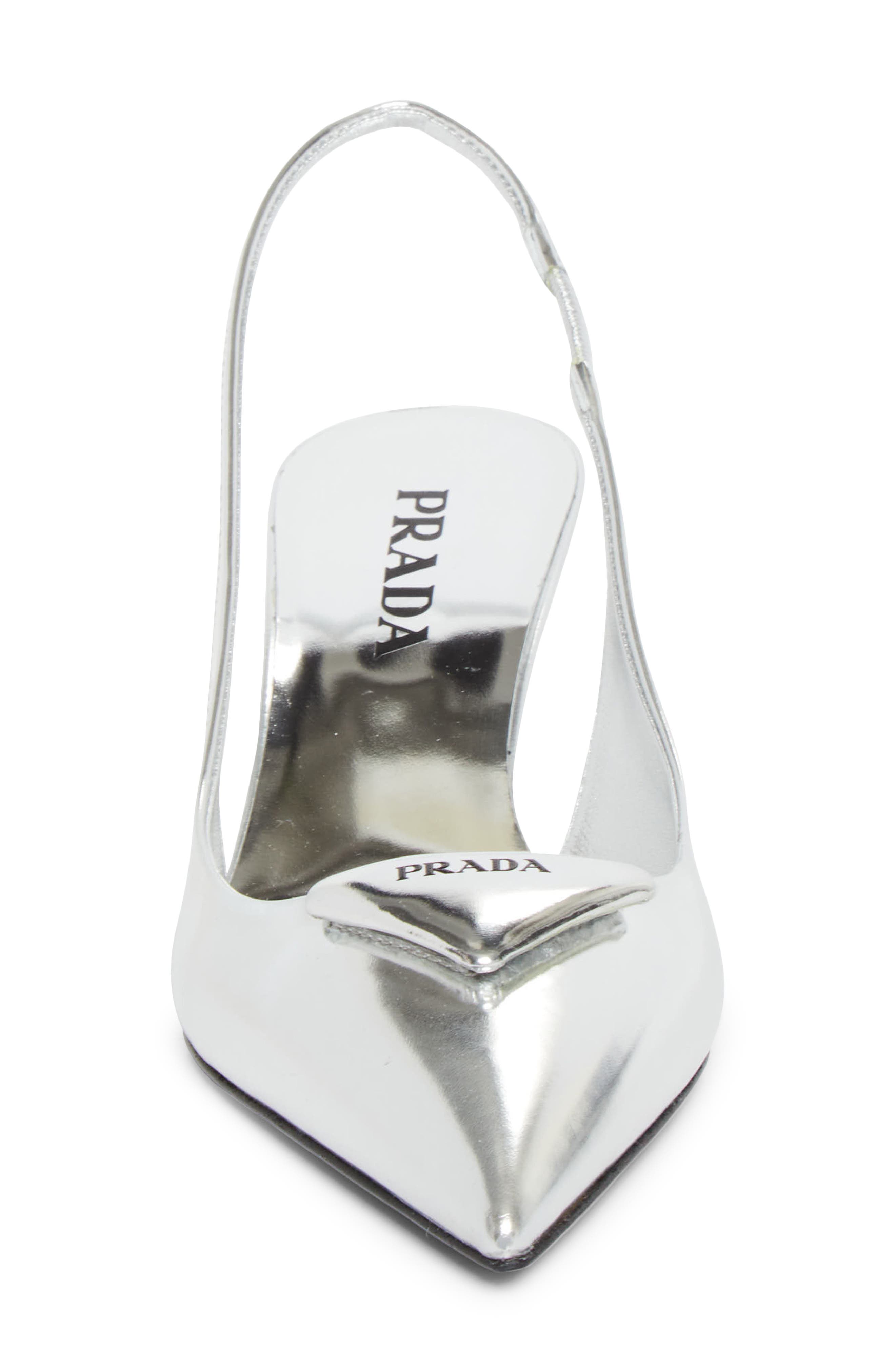 Prada Modellerie Pointed Toe Metallic Kitten Heel Slingback Pump, Alternate, color, Argento