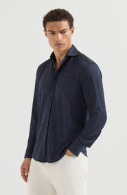 Brunello Cucinelli Virgin wool, silk and cotton chalk stripe piqué shirt with spead collar