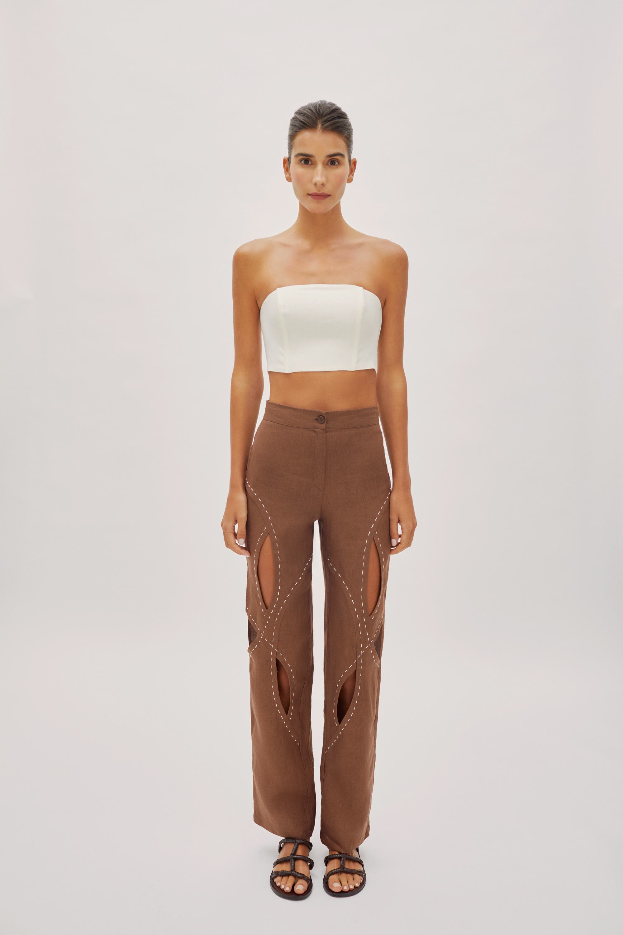 Labeca London Asher Cappuccino Linen Cut Out Contrast Stitch Pants in Brown 