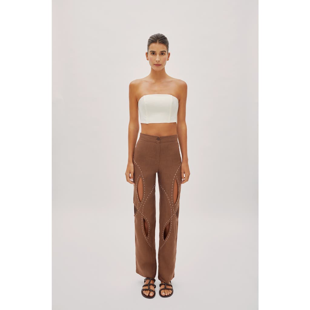 Labeca London Asher Cappuccino Linen Cut Out Contrast Stitch Pants in Brown  product