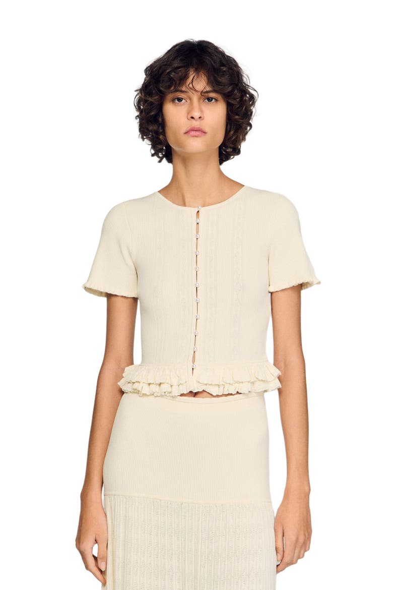Ruffled knit cardigan, Main, color, Ecru