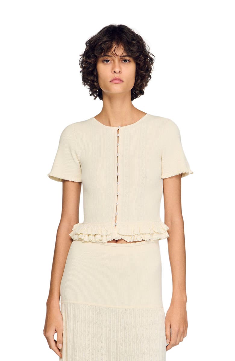 SANDRO Ruffled knit cardigan, Main, color, Ecru