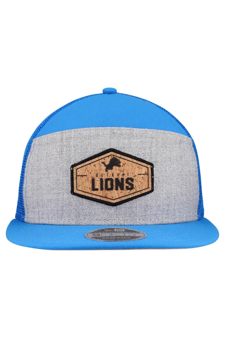 Men's New Era  Gray/Blue Detroit Lions Cork Split Panel 9FIFTY Trucker Snapback Hat, Alternate, color, Gray