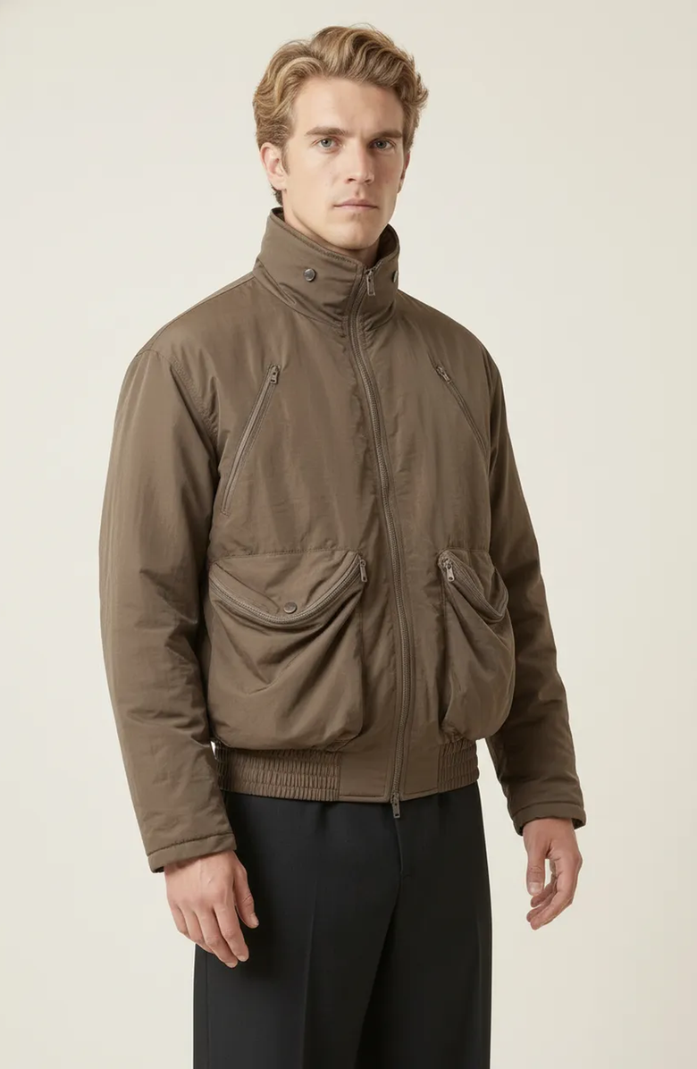 Modenaire Zip Front High Collar Bomber Jacket, Main, color, Taupe