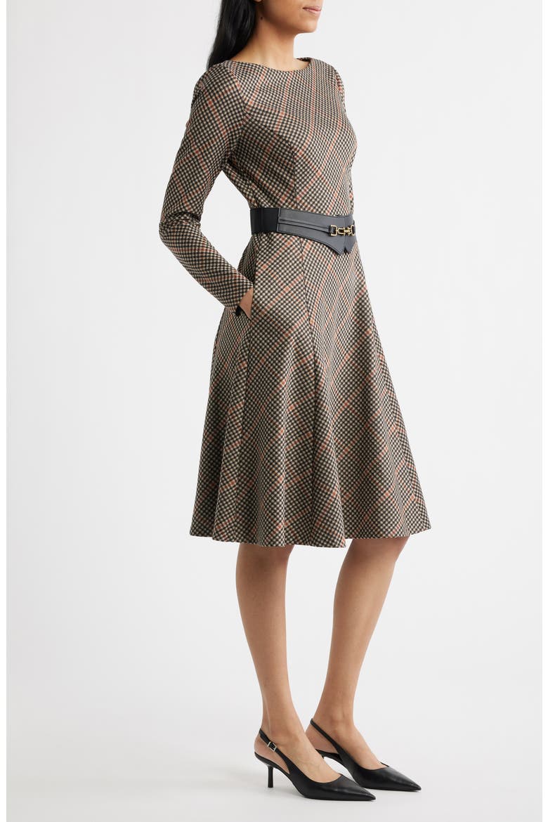 Check Bias Cut Long Sleeve Fit & Flare Dress, Alternate, color, BLACK COGNAC