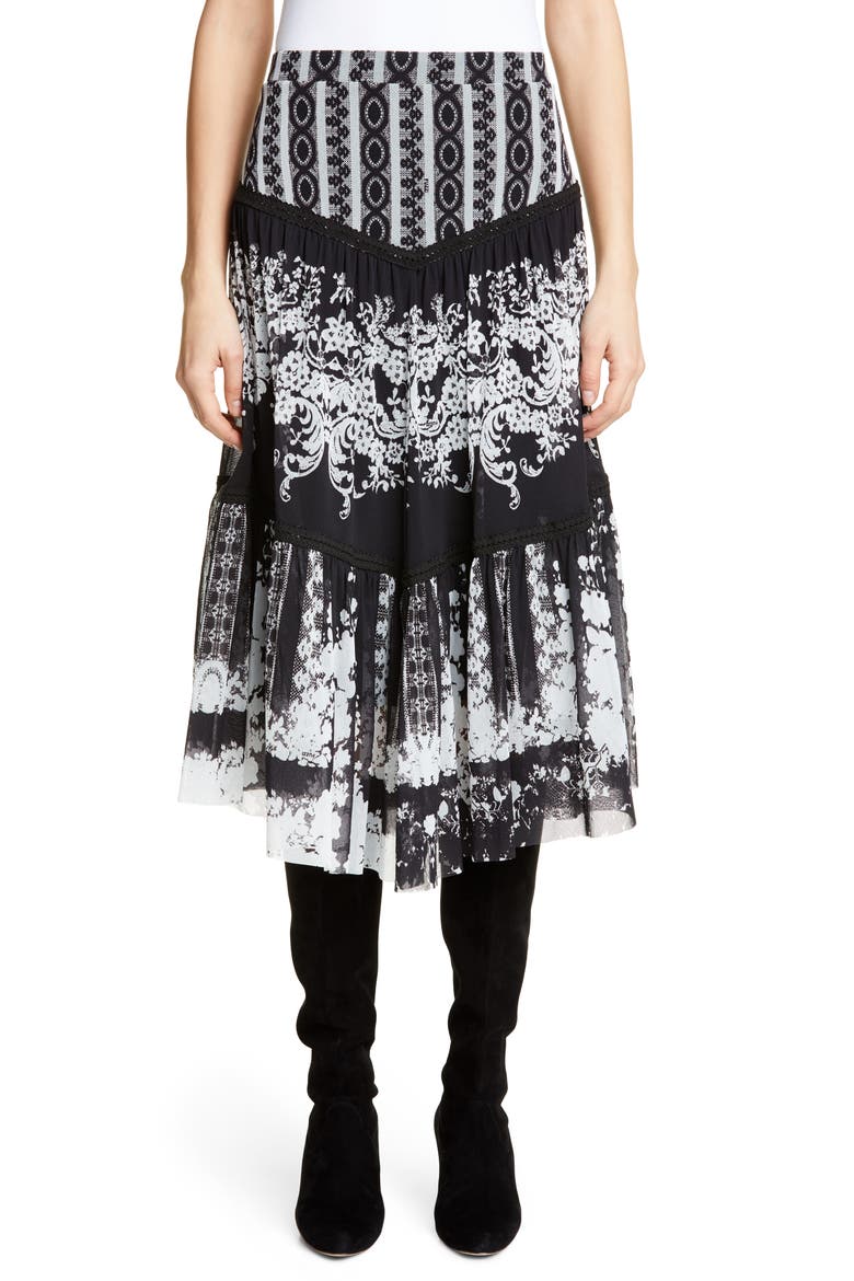Lace Print Tiered Skirt, Main, color, BLACK