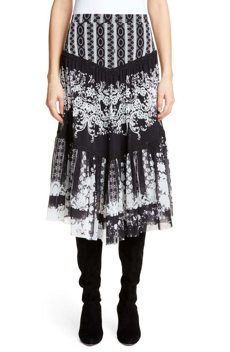 Fuzzi Lace Print Tiered Skirt, Main, color, 