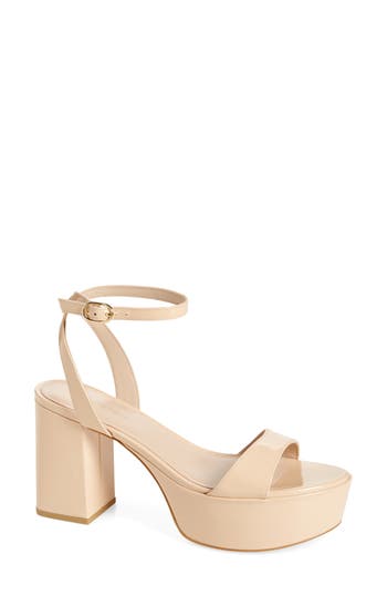 Stuart Weitzman Gala Mid Platform Sandal In Golden Beige Patent