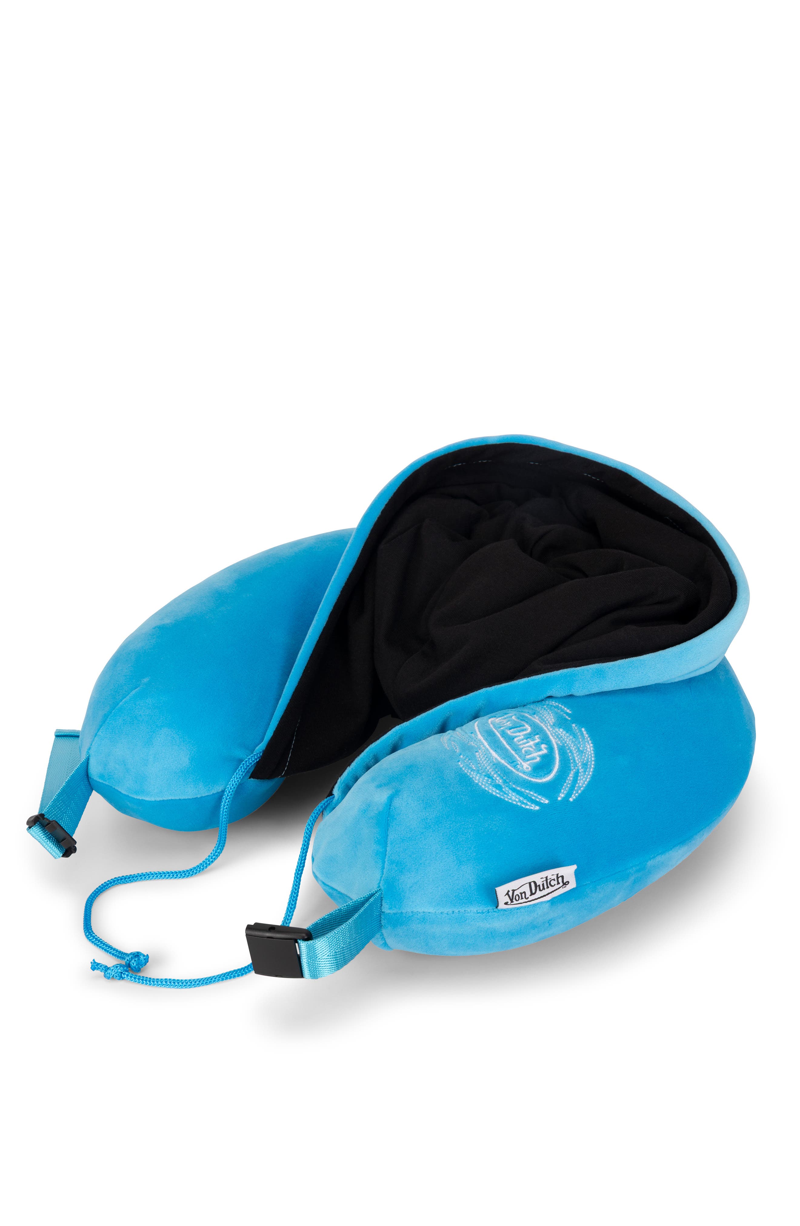 Von Dutch Pinstripe Hooded Memory Foam Travel Neck Pillow, Alternate, color, Blue