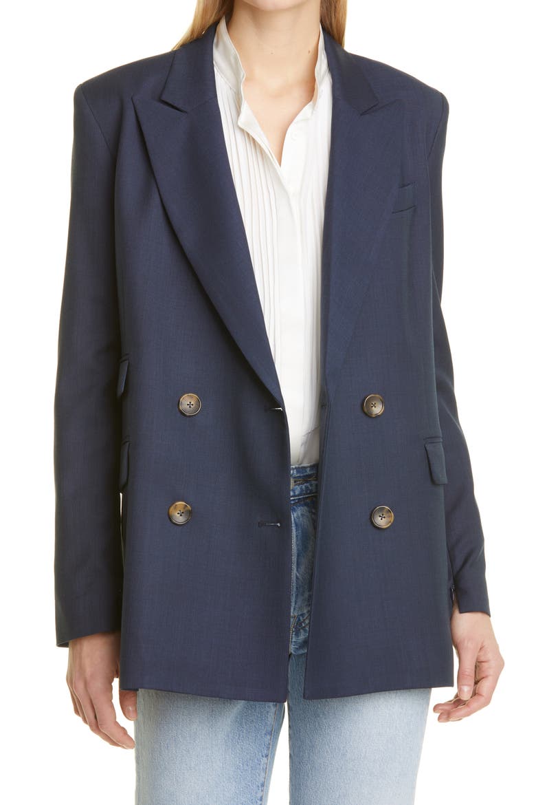 Oversized Double Breasted Stretch Wool Blazer, Main, color, MIDNIGHT/PALE BLUE