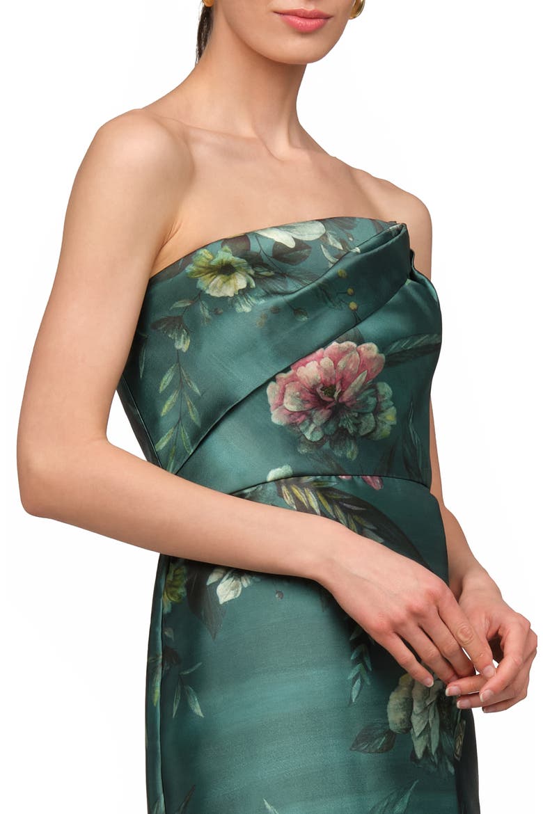 Amelie Floral Strapless Mikado Sheath Cocktail Dress, Alternate, color, EMERALD