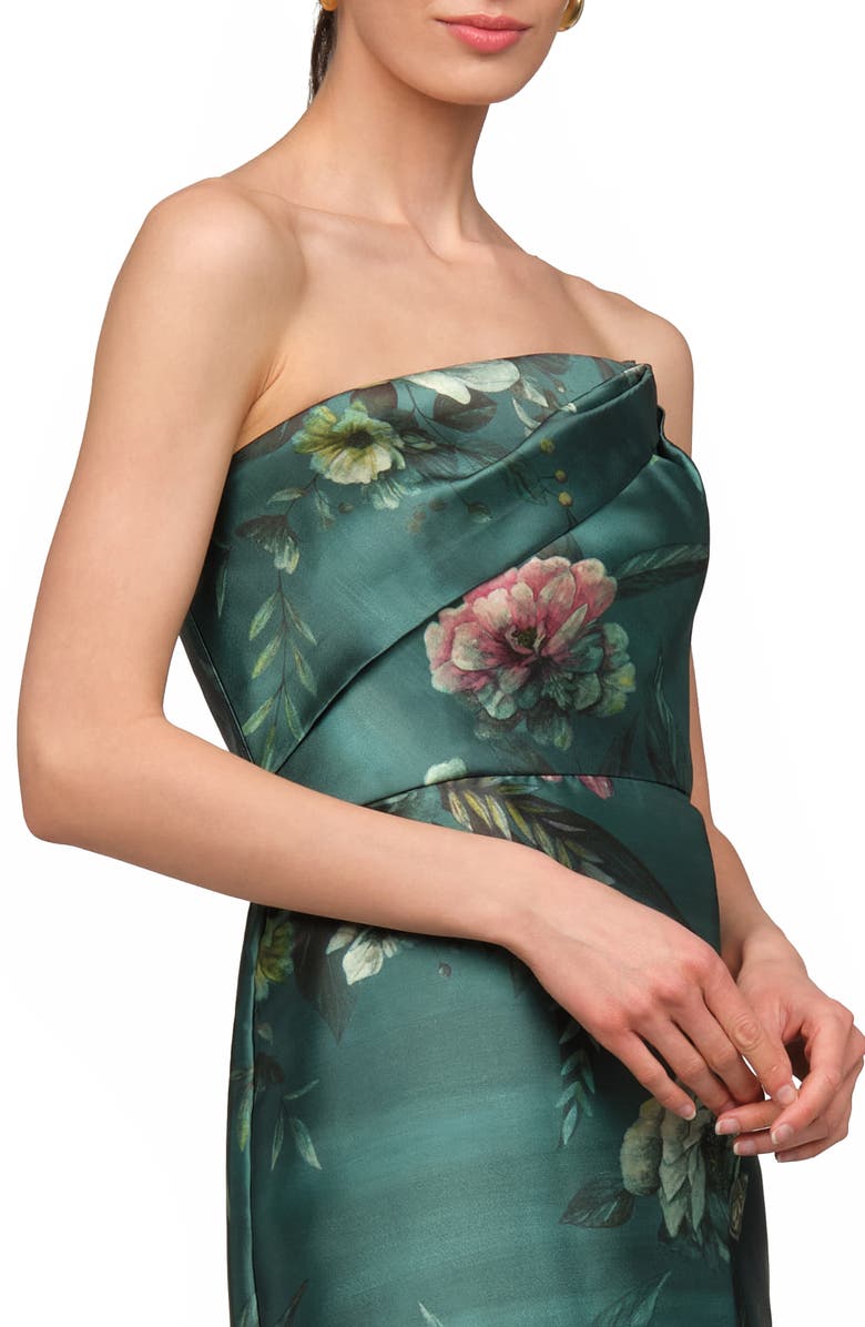 Kay Unger Amelie Floral Strapless Mikado Sheath Cocktail Dress, Alternate, color, Emerald