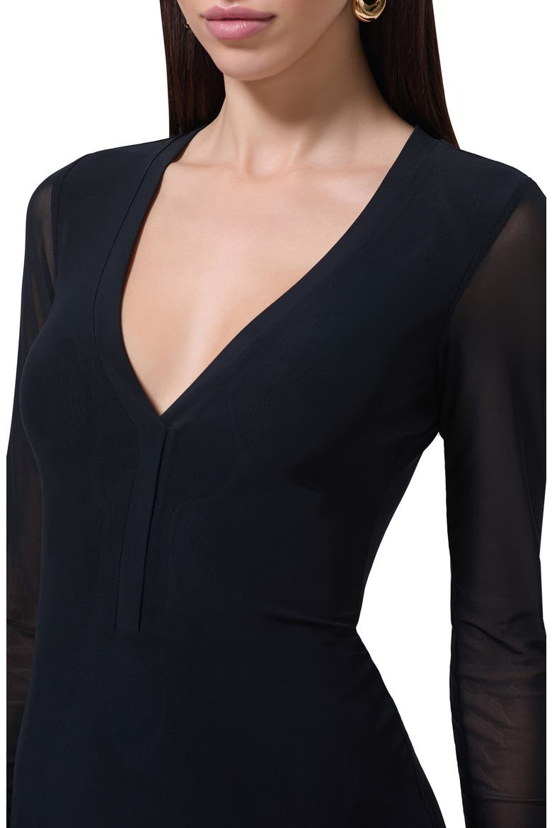 Diane Plunge Long Sleeve Mesh Dress, Alternate, color, NOIR