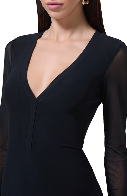Shop Afrm Diane Plunge Long Sleeve Mesh Dress In Noir