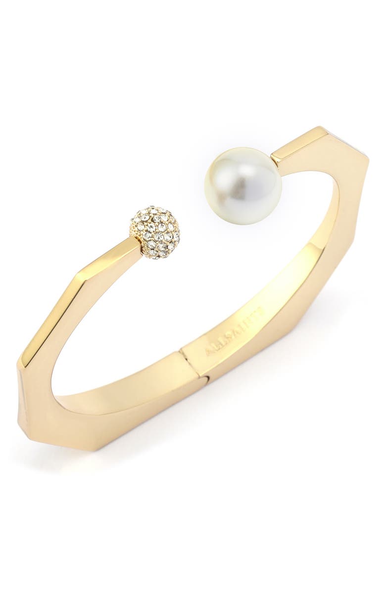 AllSaints Faux Pearl and Pavé Hinge Cuff, Alternate, color, Pearl/ Gold