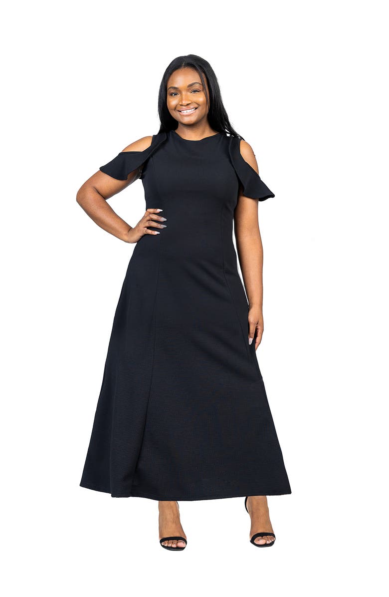 24seven Comfort Apparel Ruffle Cold Shoulder A-Line Maxi Dress, Main, color, Black