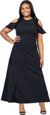24seven Comfort Apparel Ruffle Cold Shoulder A-Line Maxi Dress