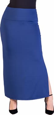 24seven Comfort Apparel Versatile Side Slit Elastic Waist Maxi Skirt