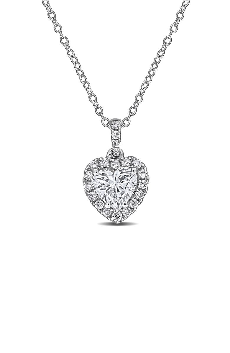 Created Forever Sterling Silver Lab Grown Diamond Heart Halo Pendant Necklace, Main, color, White