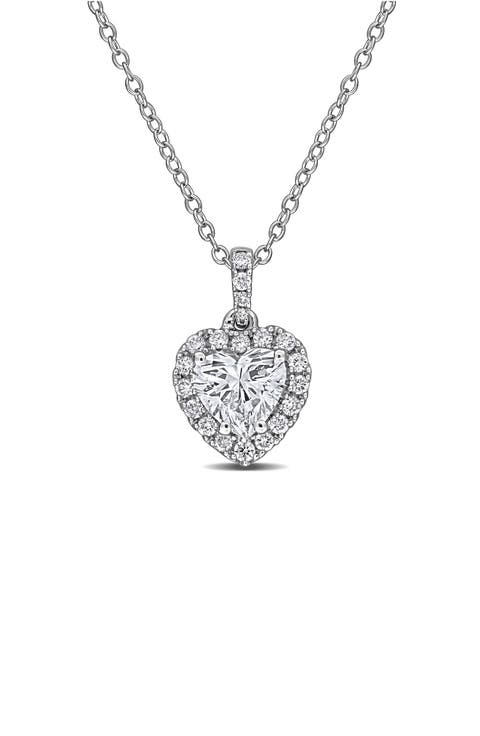 Sterling Silver Lab Grown Diamond Heart Halo Pendant Necklace