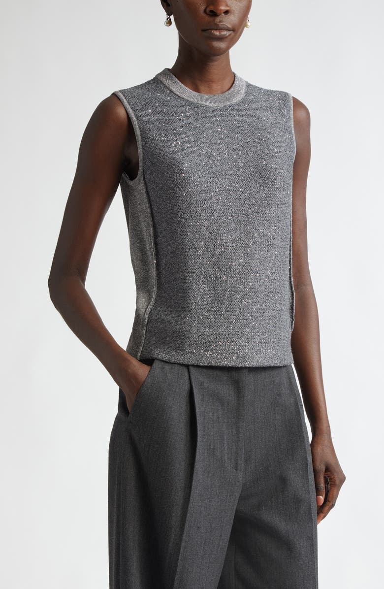 St. John Collection Sequin Front Metallic Sleeveless Sweater, Main, color, 