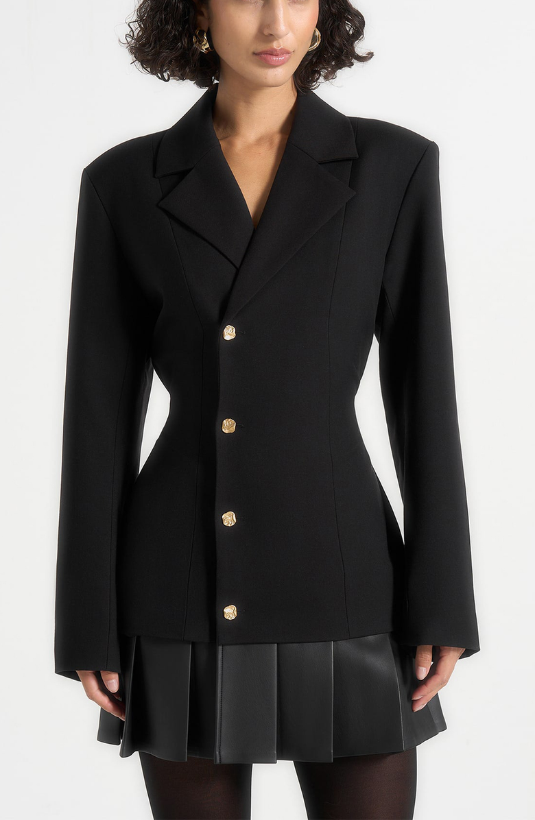 Manière De Voir Nicole Tailored Cinch Blazer Dress with Pleats, Alternate, color, Black