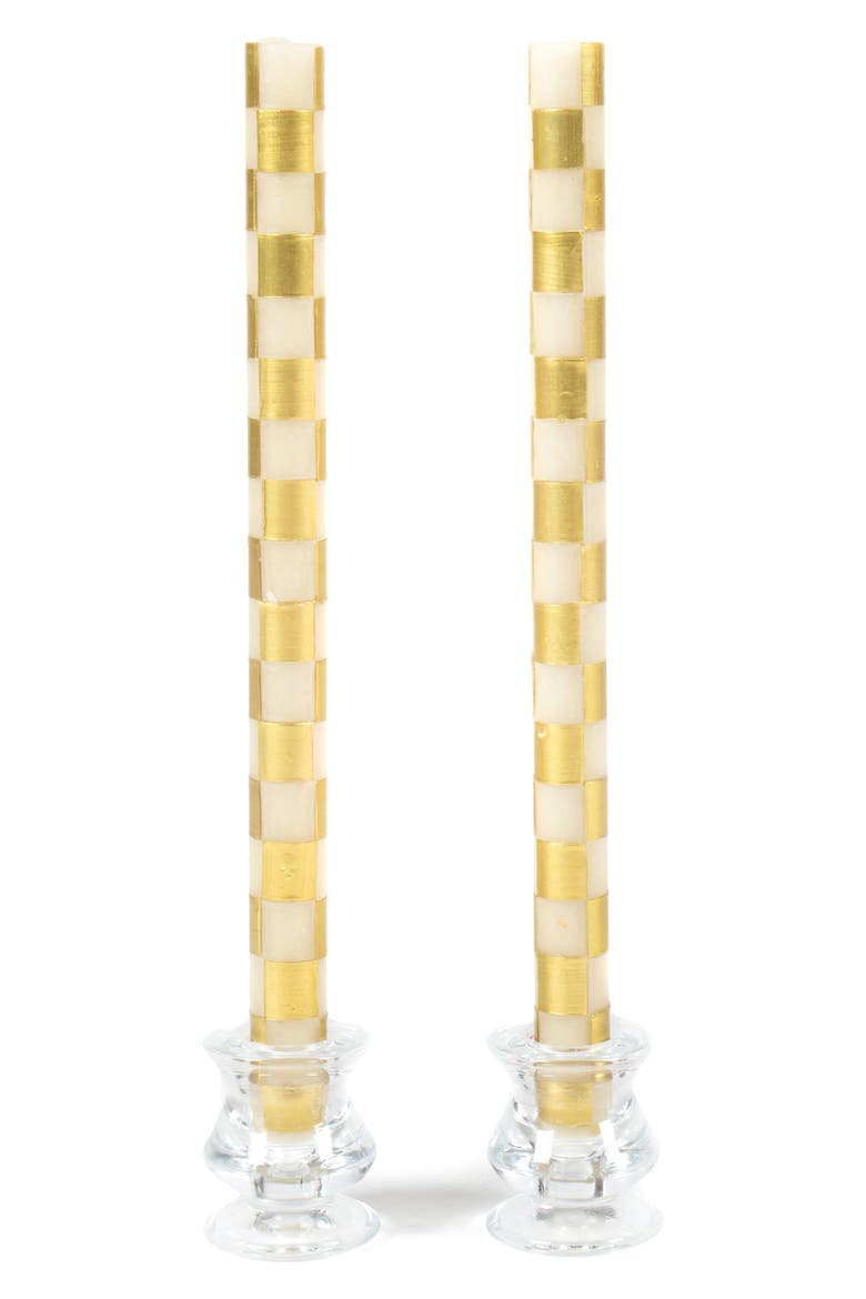 Set of 2 Gold Check Dinner Candles, Main, color, GOLD/ IVORY