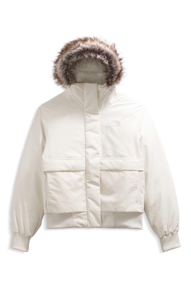Arctic Water Repellent 600 Fill Power Down Bomber Jacket with Faux Fur Trim, Alternate, color, WHITE DUNE