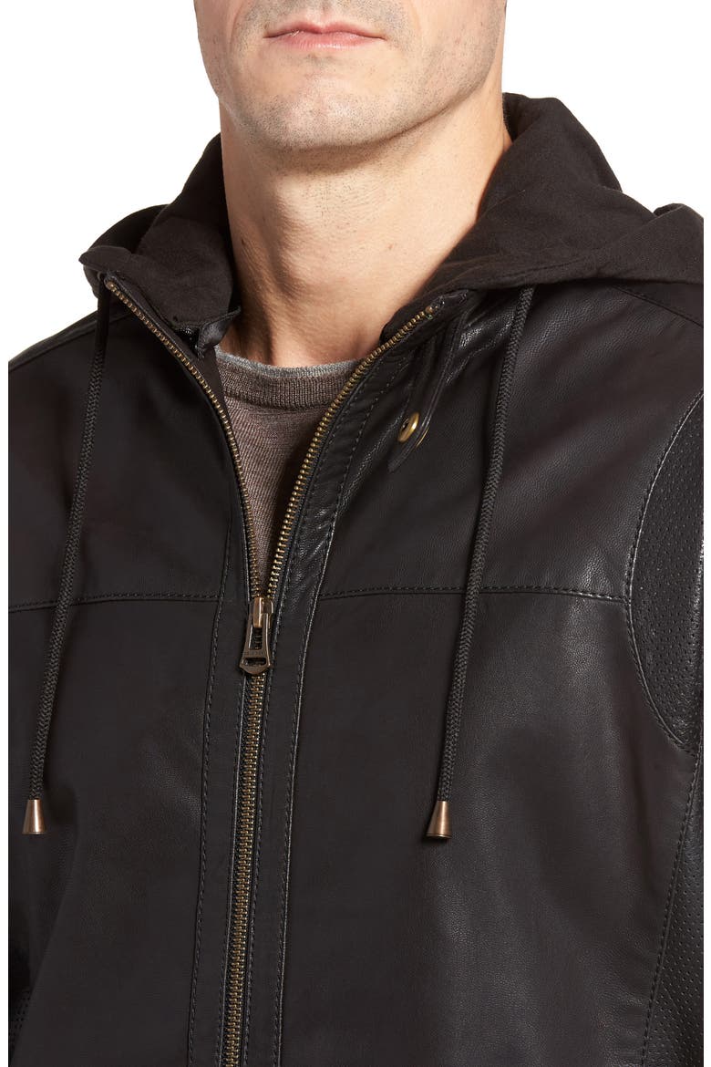 Leather Moto Jacket with Knit Hood, Alternate, color, BLACK