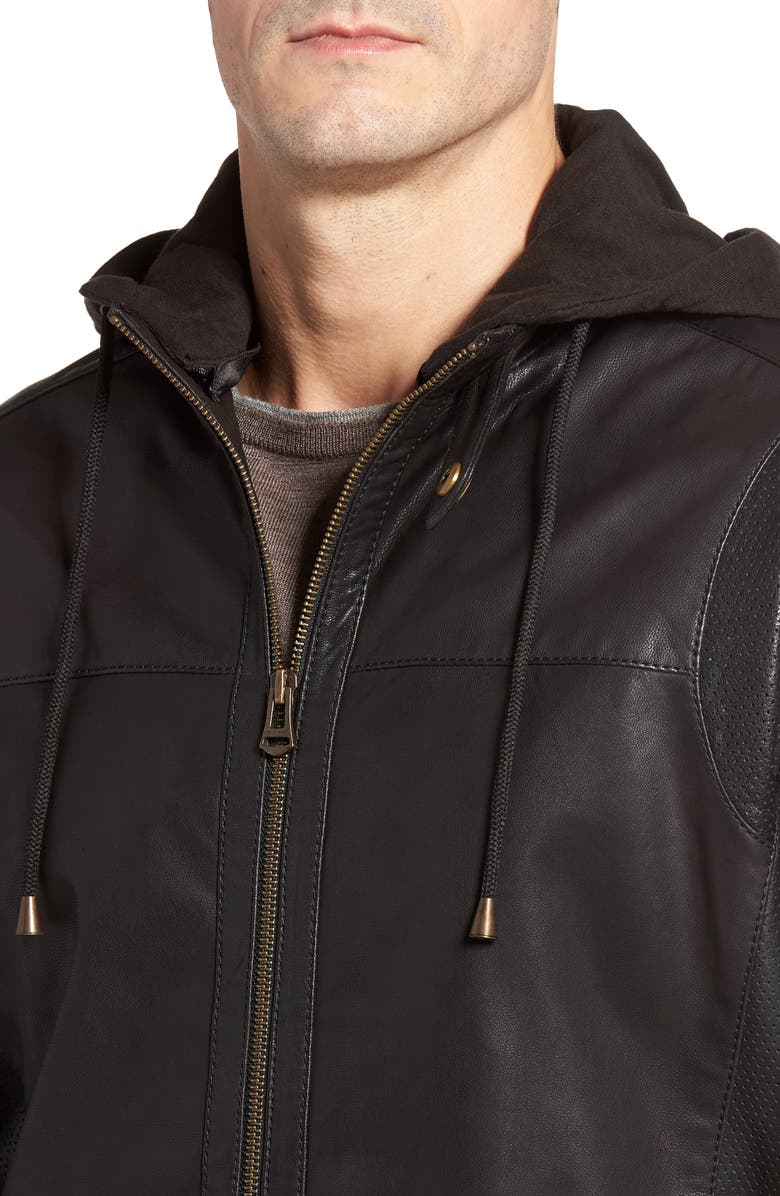 Cole Haan Leather Moto Jacket with Knit Hood, Alternate, color, 